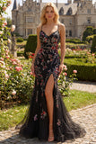 Black Floral Spaghetti Straps Mermaid Sequin Long Prom Dress with Slit