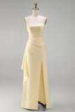 Strapless Light Yellow Sheath Long Bridesmaid Dress with Slit