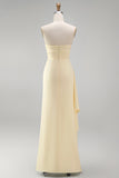 Strapless Light Yellow Sheath Long Bridesmaid Dress with Slit
