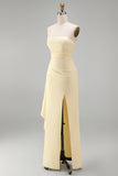 Strapless Light Yellow Sheath Long Bridesmaid Dress with Slit