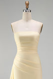Strapless Light Yellow Sheath Long Bridesmaid Dress with Slit