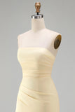 Strapless Light Yellow Sheath Long Bridesmaid Dress with Slit