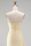 Strapless Light Yellow Sheath Long Bridesmaid Dress with Slit