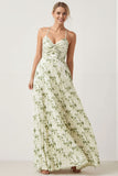 Green Flower A Line Ruched Spaghetti Straps Long Wedding Guest Dress