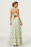Green Flower A Line Ruched Spaghetti Straps Long Wedding Guest Dress