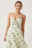 Green Flower A Line Ruched Spaghetti Straps Long Wedding Guest Dress