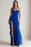 Strapless Royal Blue Ruched Long Wedding Guest Dress with Slit