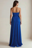 Strapless Royal Blue Ruched Long Wedding Guest Dress with Slit