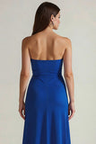 Strapless Royal Blue Ruched Long Wedding Guest Dress with Slit