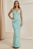 Green Flower Mermaid Printed Long Wedding Guest Dress