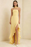 Daffodil Strapless High Low Ruffle Wedding Guest Dress with Streamer