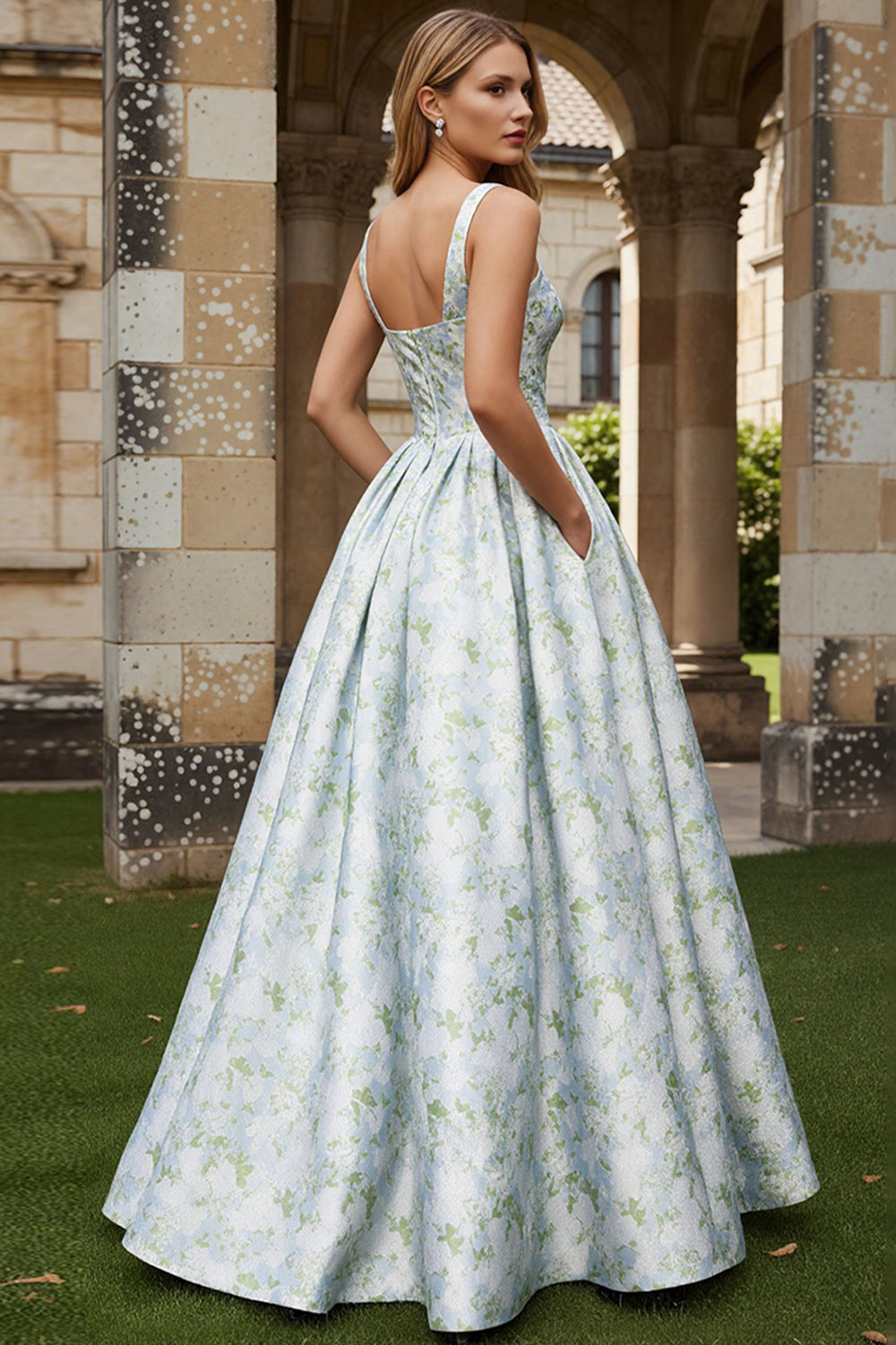 WEDTREND Women White Blue Flower Wedding Guest Dress A Line Printed Long Bridesmaid Dress WEDTREND Women White Blue Flower Wedding Guest Dress A Line Printed Long Bridesmaid Dress