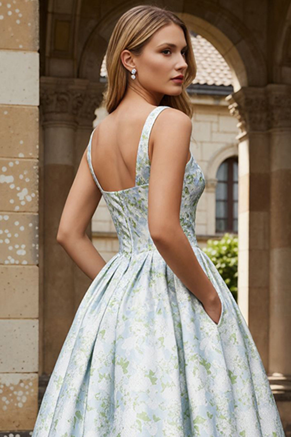 WEDTREND Women White Blue Flower Wedding Guest Dress A Line Printed Long Bridesmaid Dress WEDTREND Women White Blue Flower Wedding Guest Dress A Line Printed Long Bridesmaid Dress
