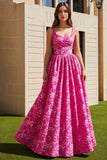 Fuchsia Printed A Line Long Wedding Guest Dress
