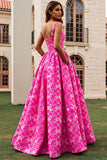 Fuchsia Printed A Line Long Wedding Guest Dress
