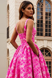 Fuchsia Printed A Line Long Wedding Guest Dress