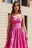 Fuchsia Printed A Line Long Wedding Guest Dress
