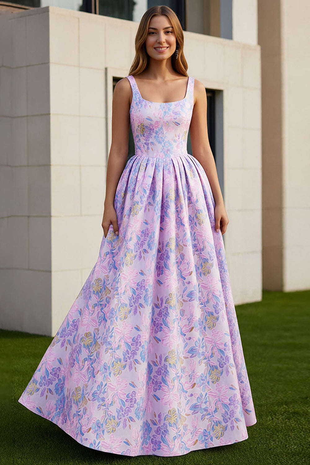 Wedtrend Women Lilac Floral Wedding Guest Dress A Line Square Neck Long Bridesmaid Dress, Lilac / US14 Wedtrend Women Lilac Floral Wedding Guest Dress A Line Square Neck Long Bridesmaid Dress, Lilac / US14
