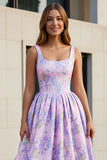 Floral Lilac A Line Square Neck Long Wedding Guest Dress