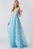 Blue Floral A Line Spaghetti Straps Long Wedding Guest Dress