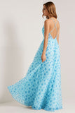 Blue Floral A Line Spaghetti Straps Long Wedding Guest Dress