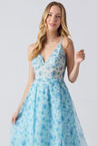 Blue Floral A Line Spaghetti Straps Long Wedding Guest Dress