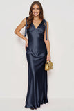 Navy Mermaid V Neck Satin Long Wedding Guest Dress