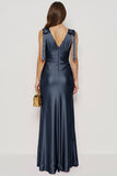 Navy Mermaid V Neck Satin Long Wedding Guest Dress