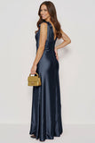 Navy Mermaid V Neck Satin Long Wedding Guest Dress