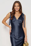 Navy Mermaid V Neck Satin Long Wedding Guest Dress