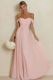 Off the Shoulder Blush Pink A Line Chiffon Long Bridesmaid Dress