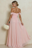 Off the Shoulder Blush Pink A Line Chiffon Long Bridesmaid Dress