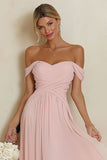 Off the Shoulder Blush Pink A Line Chiffon Long Bridesmaid Dress