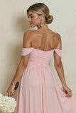Off the Shoulder Blush Pink A Line Chiffon Long Bridesmaid Dress