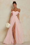 Blush Pink A Line Off the Shoulder Cut Out Long Bridesmaid Dress with Slit
