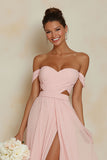 Blush Pink A Line Off the Shoulder Cut Out Long Bridesmaid Dress with Slit