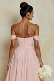 Blush Pink A Line Off the Shoulder Cut Out Long Bridesmaid Dress with Slit