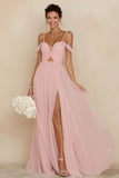 Blush Pink A Line Cold Shoulder Cut Out Long Bridesmaid Dress with Slit