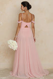 Blush Pink A Line Cold Shoulder Cut Out Long Bridesmaid Dress with Slit