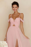 Blush Pink A Line Cold Shoulder Cut Out Long Bridesmaid Dress with Slit
