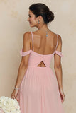 Blush Pink A Line Cold Shoulder Cut Out Long Bridesmaid Dress with Slit