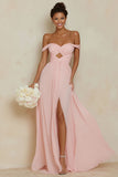 Off the Shoulder A Line Cut Out Blush Pink Bridesmaid Dress with Slit