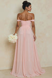 Off the Shoulder A Line Cut Out Blush Pink Bridesmaid Dress with Slit