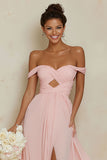 Off the Shoulder A Line Cut Out Blush Pink Bridesmaid Dress with Slit