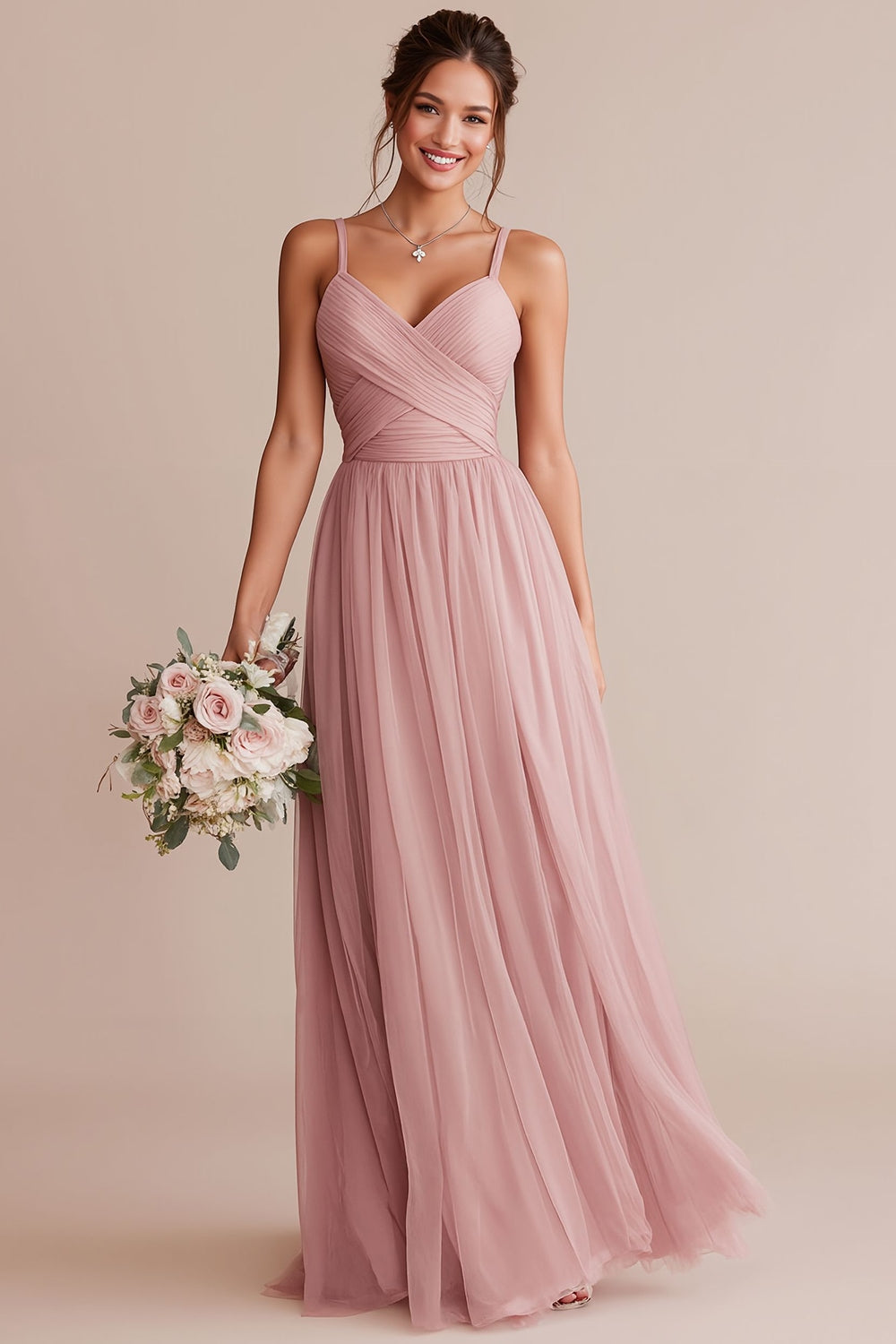 WEDTREND Women A Line Blush Pink Bridesmaid Dress Spaghetti Straps Pleated Long Wedding Guest Dress, Blush Pink / US24W