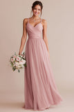 A Line Pleated Blush Pink Spaghetti Straps Long Bridesmaid Dress