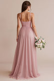A Line Pleated Blush Pink Spaghetti Straps Long Bridesmaid Dress