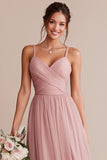 A Line Pleated Blush Pink Spaghetti Straps Long Bridesmaid Dress