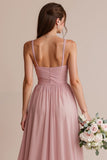 A Line Pleated Blush Pink Spaghetti Straps Long Bridesmaid Dress