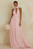 Halter Blush Pink A Line Cut Out Chiffon Long Bridesmaid Dress